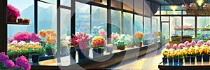 flowers in a market. glassed flower shop photo