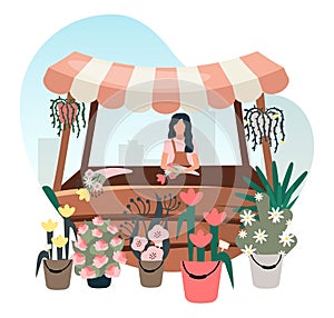 Flowers market stall with seller flat illustration. Street local store vendor selling houseplants, bouquets. Florist cartoon