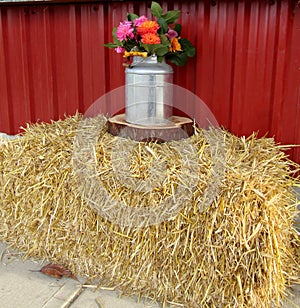 Flowers in metal milk bucket on haystack.