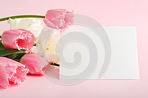 Flowers mock up congratulation. Congratulations card in bouquet of pink tulips on pink background. White blank card with space for