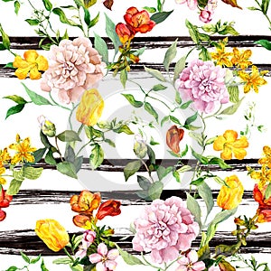 Flowers on monochrome striped background. Repeating floral background. Watercolor with black stripes