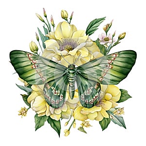 Flowers with Moth Watercolor, Florals Clipart