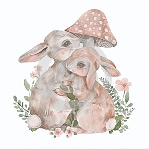 Flowers and mushrooms surround a cute rabbit family.