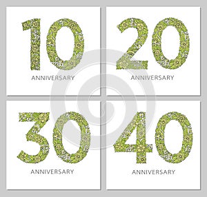 Flowers numbers cards set. Anniversary invitations. Creative vector illustration numbers 10, 20, 30, 40 design with