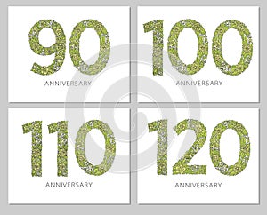 Flowers numbers cards set. Anniversary invitations. Creative vector illustration numbers 90, 100, 110, 120 design with