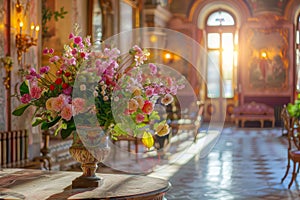 Flowers in Old Castle Interior, Vintage Victorian Hall with Flower Vase, Luxury Hotel Lobby, Royal Villa