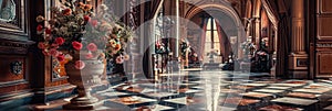 Flowers in Old Castle Interior, Vintage Victorian Hall with Flower Vase, Luxury Hotel Lobby, Royal Villa