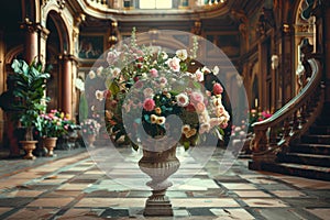 Flowers in Old Castle Interior, Vintage Victorian Hall with Flower Vase, Luxury Hotel Lobby, Royal Villa