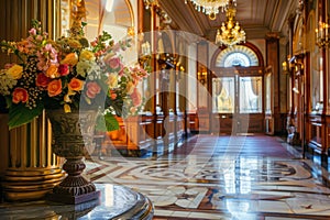 Flowers in Old Castle Interior, Vintage Victorian Hall with Flower Vase, Luxury Hotel Lobby, Royal Villa