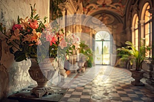 Flowers in Old Castle Interior, Vintage Victorian Hall with Flower Vase, Luxury Hotel Lobby, Royal Villa