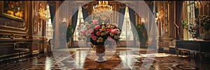 Flowers in Old Castle Interior, Vintage Victorian Hall with Flower Vase, Luxury Hotel Lobby, Royal Villa