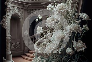 Flowers in Old Castle Interior, Vintage Victorian Hall with Flower Vase, Royal Villa, Abstract Generative AI Illustration