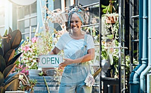 Flowers, open sign and store portrait of woman, startup small business owner or manager with retail sales choice