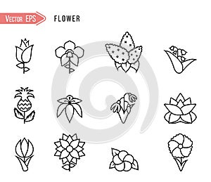 Flowers outline red vector icons set. Modern minimalistic design.