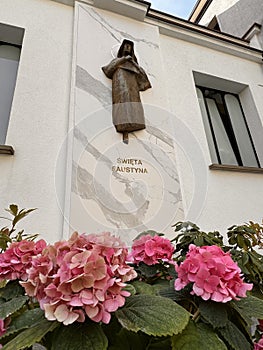 Flowers outside of the Shrine of St. Faustina in Warsaw, Poland