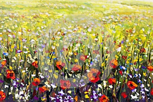 Red poppies flower field oil painting, yellow, purple and white flowers artwork