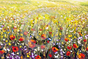 Red poppies flower field oil painting, yellow, purple and white flowers artwork