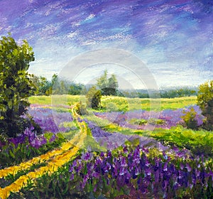 Original oil painting of flowers, beautiful purple wildflowers field flowers on canvas photo