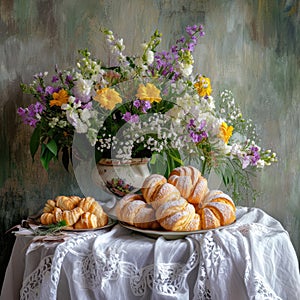 Flowers and Pastries Still Life on a Table