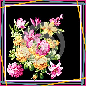 Flowers pattern.Silk scarf design, fashion textile.