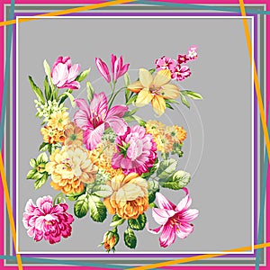 Flowers pattern.Silk scarf design, fashion textile.