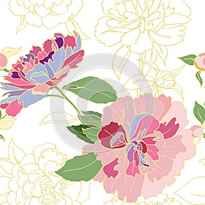 Flowers peony with leaves. Vector seamless pattern.
