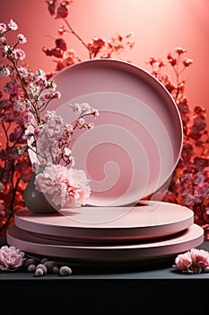 Flowers on pink background, product display podium for natural product. Circular shape base on stone