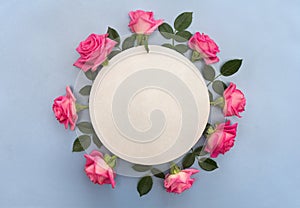 Flowers pink roses with white circle paper card note with space for text on a blue background. Top view, flat lay