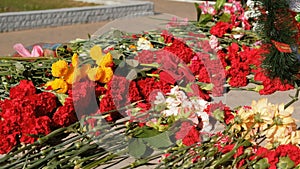 Flowers placed at a monument for victory day of World war.