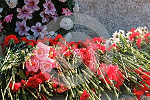 Flowers placed at a monument for victory day of World war.