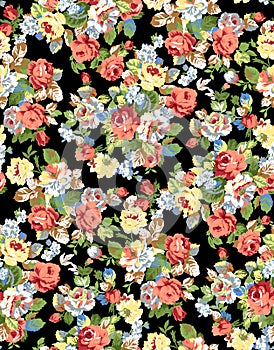 Flowers. Poppy, wild roses, cornflowers with leaves on black. Seamless background pattern. Hand drawn. Watercolor. Vector - stock
