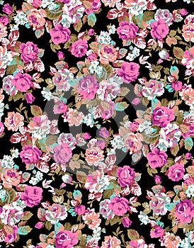 Flowers. Poppy, wild roses, cornflowers with leaves on black. Seamless background pattern. Hand drawn. Watercolor. Vector - stock