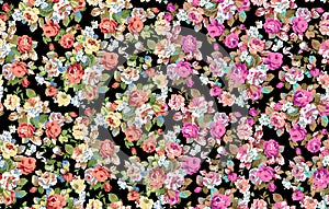 Flowers. Poppy, wild roses, cornflowers with leaves on black. Seamless background pattern. Hand drawn. Watercolor. Vector - stock