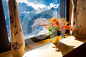 Flowers pot window sill Alps mountains view