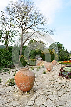 Flowers and pots in the botanical gardens in Balchik town, Bulga