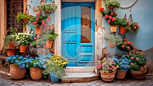 Flowers pots near old textured wall. Beautiful botany garden decorated with wooden door with pink angela climbing rose