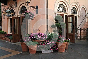Flowers and potters in Italy pavilion at Epcot