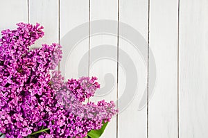 Flowers of purple lilac on a white wooden background