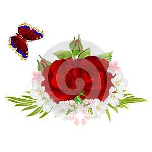 Flowers red roses  and buds jasmine and butterfly vintage  festive  background watercolor vector illustration editable hand draw