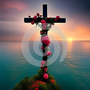 Flowers on religious cross at sea