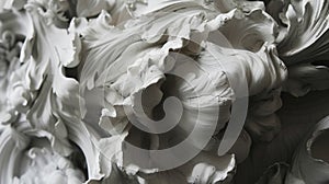 The flowers, reminiscent of sculpture. In black, white and gray tones. Abstract trendy background. Generative AI