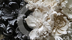 The flowers, reminiscent of sculpture. In black, white and gray tones. Abstract trendy background. Generative AI