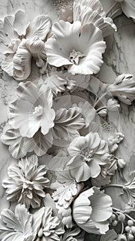 The flowers, reminiscent of sculpture. In black, white and gray tones. Abstract trendy background. Generative AI