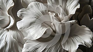 The flowers, reminiscent of sculpture. In black, white and gray tones. Abstract trendy background. Generative AI