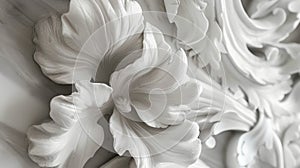 The flowers, reminiscent of sculpture. In black, white and gray tones. Abstract trendy background. Generative AI