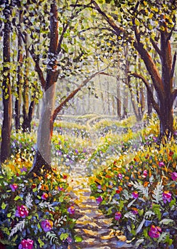 Flowers and road in sunny park forest alley oil painting illustration