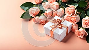 flowers roses and gift box in color of the year 2024 peach fuzz. celebration concept. Greeting card. Generative AI