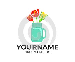 Flowers, roses and tulips in a mason jar, logo design. Floral, floristry and floristic, vector design photo
