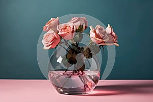 Flowers Roses In Vase On Pink Background Copy Space. Generative AI