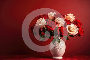 Flowers Roses In Vase On Red Background Copy Space. Generative AI